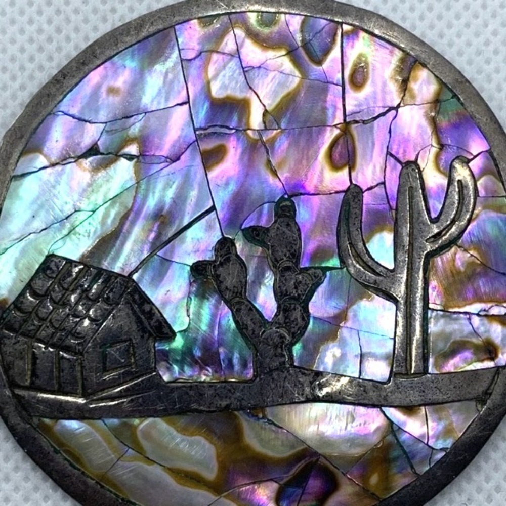 Vintage Sterling Silver Iridescent Abalone Shell Inlay Desert Scene Brooch 12.3g - Picture 3 of 15